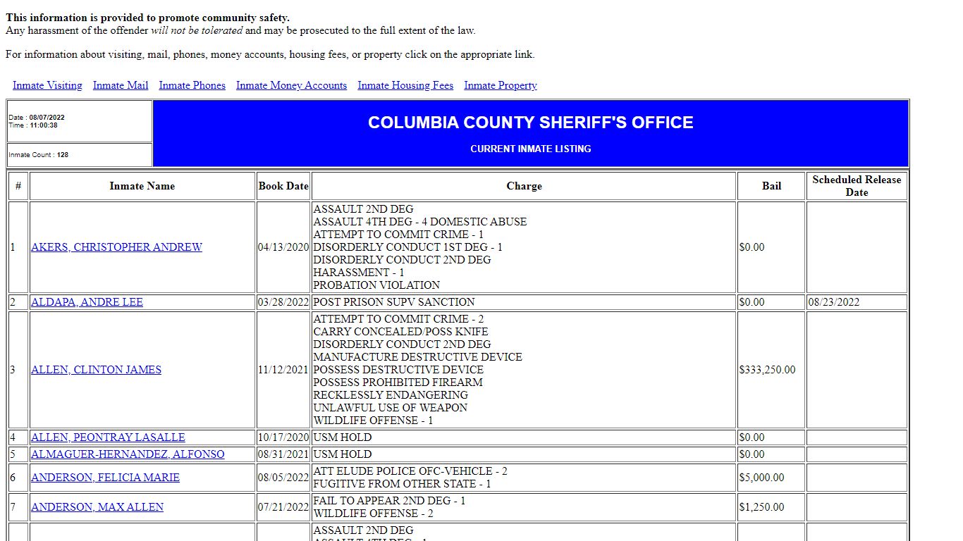 County Jail Inmate Population List - co.columbia.or.us