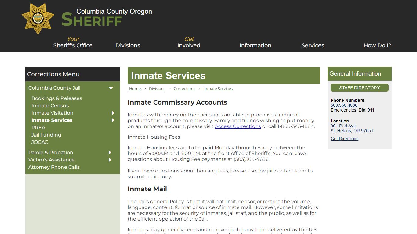 Columbia County Oregon Sheriff - Inmate Services